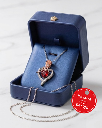 Sorpréndela este mes: Collar Rosa Corazón + Estuche en cuero azul Gratis